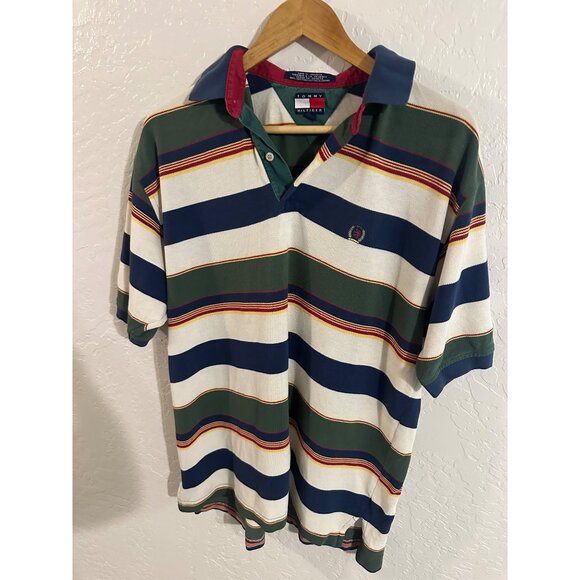 Tommy Hilfiger Vintage Y2K Striped Rugby Short Sleeved Collared Polo Shirt - Picture 2 of 9